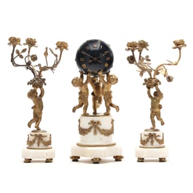 Louis XVI Style Figural Bronze and Marble Clock Garniture