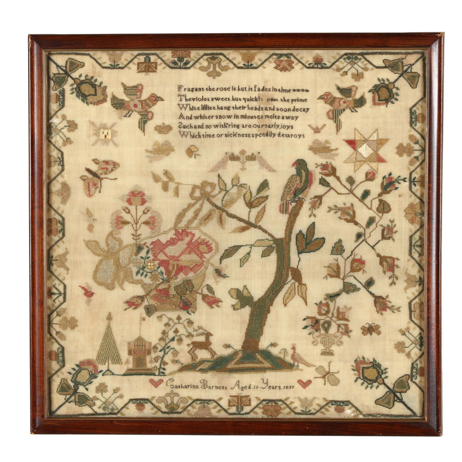 Catharine Barnett's 1839 Pictorial Sampler with Lines from Theocritus (1 of 7)