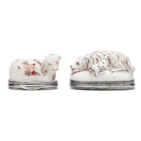 Two Fine Louis XV Figural Silver Mounted Soft Paste Porcelain Snuff Boxes