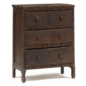 North Carolina Folky Chip Carved and Painted Diminutive Chest of Drawers