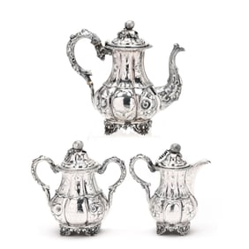 Wood & Hughes Three Piece Repoussé Coin Silver Tea Service