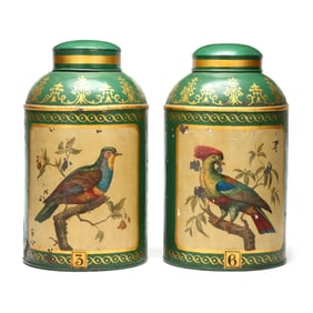Two Antique English Green and Gilt Tole Tea Canisters