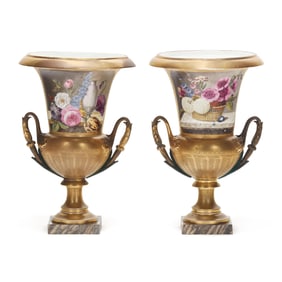 Pair of Large Paris Porcelain Gilt Ground Campagana Urns
