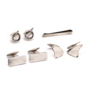 Three Pairs of Sterling Silver Cufflinks and a Tie bar, Georg Jensen