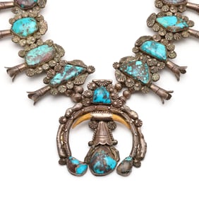 Large Southwestern Silver and Turquoise Squash Blossom Necklace