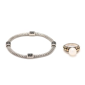 A Silver, Gold, and Pearl Ring, and A Silver and Sapphire Bracelet, John Hardy