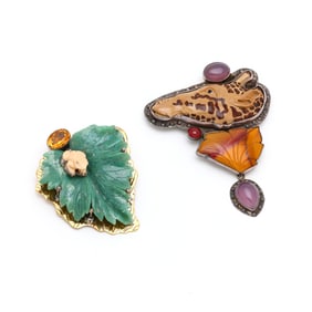 Two Silver and Gem-Set Carved Brooches / Pendants, Amy Kahn Russel