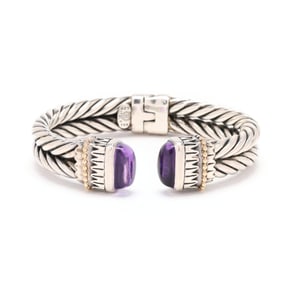 Sterling Silver, Gold, and Amethyst Cable Cuff Bracelet, H.W. Burdick Co.