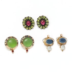 Three Pairs of Sterling Silver and Gem-Set Earrings, one by Leo Feeney