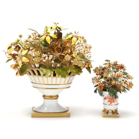 Two Vintage Enamel Floral Bouquets in Porcelain Vases