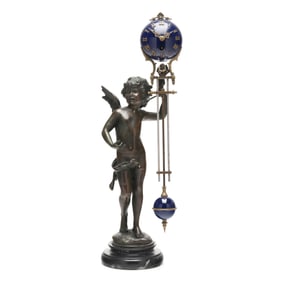 French Bronze Cupid Mystery Swing Clock, signed Moreau