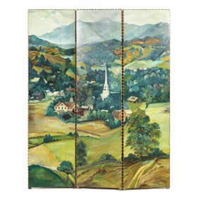 Vintage Painted Three-Panel Screen with Mountain Landscape