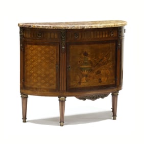 Louis XVI Style Marble Top Parquetry Inlaid Demilune Server