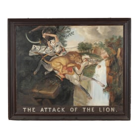 An Antique Orientalist Painting,  The Attack of the Lion