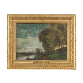 Manner of Jean Baptiste Camille Corot (French, 1796-1875), Landscape with Figure in a Fishing Boat
