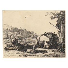 Karel Dujardin (Dutch, 1622-1678),  Cow, Adult Sheep, and Young Sheep Lying in the Grass