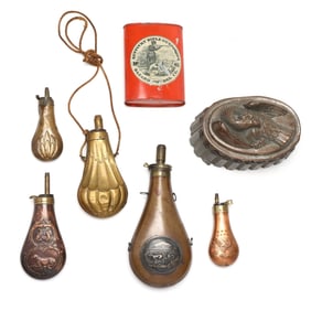 Collection of Copper and Brass Gunpowder Flasks with Eagle Mold