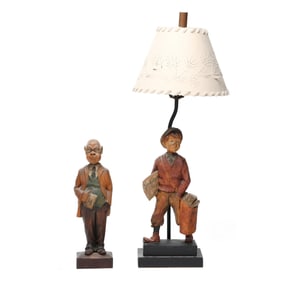 Two Vintage German Carved Whistler Automatons, one Mounted as Lamp