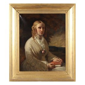 American School (Mid-19th century), Portrait of a Woman with Pink Rose and Book