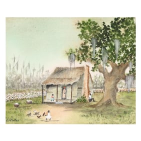 Emmie Mayberry McIntire (American, 1899-1991), Lowcountry Scene with Cabin, Figures, Cotton Field