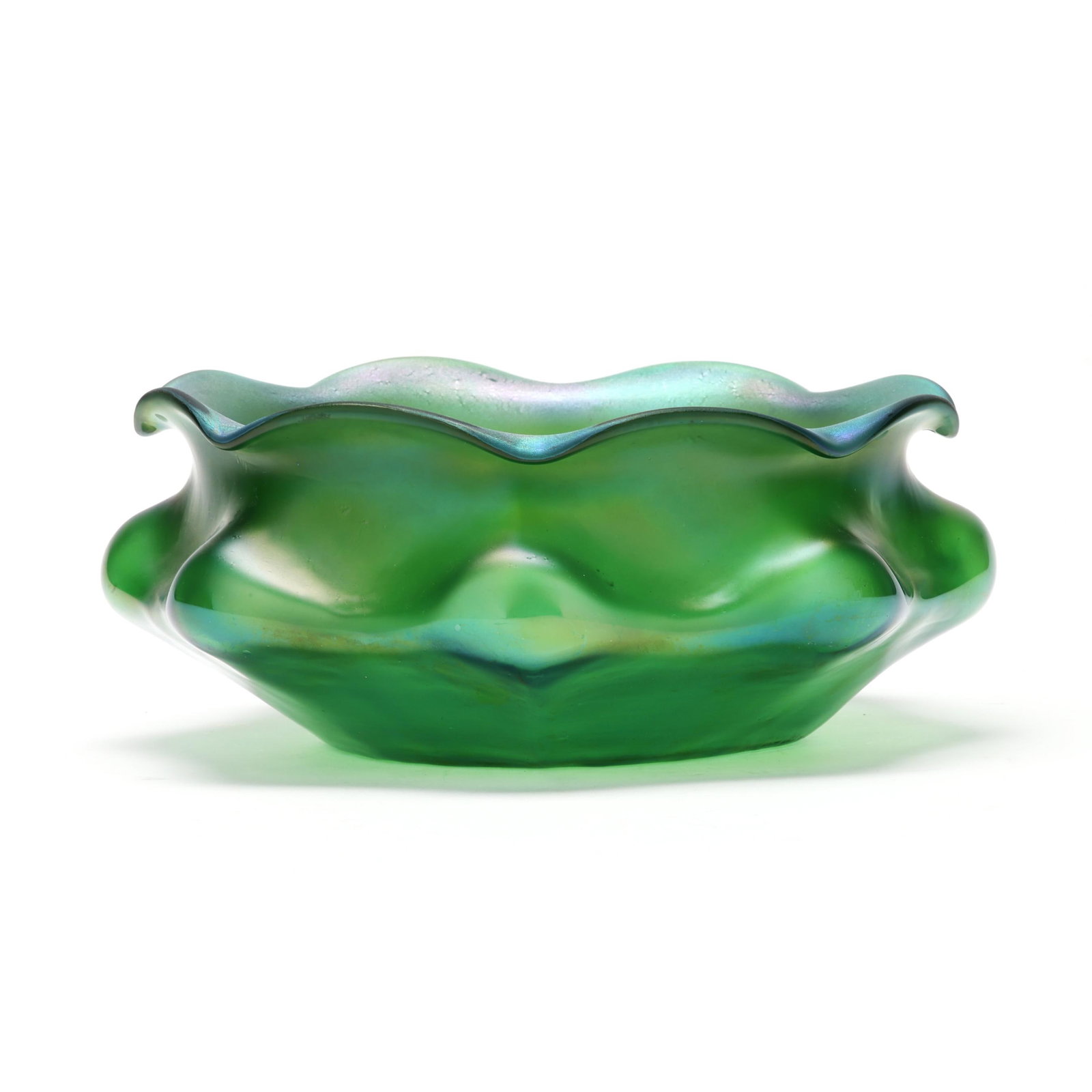 Austrian Glass Center Bowl: Austrian Glass Center Bowlearly 20th century, possibly Loetz, iridescent interior and outer surface with tooled rim and blown out waist, polished pontil, unmarked. 4 x 10 in. diameter From the Estate