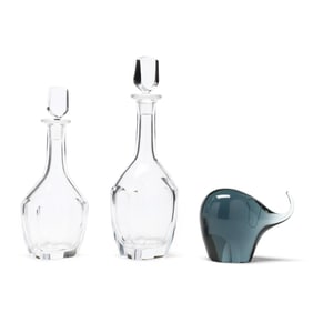 Two Orrefors Crystal Decanters and an Elephant