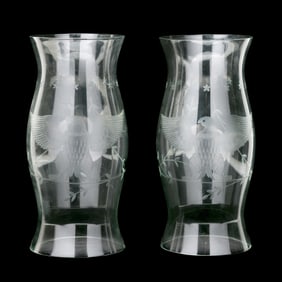 Pair of Signed Engraved Glass Hurricane Shades