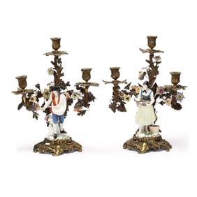 Pair of Antique Porcelain Figures of Peasants Mounted as Bronze Candelabra