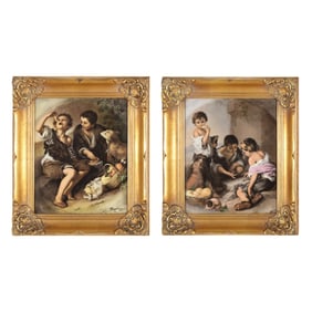 Two Vintage Framed Josef Kupa Porcelain Plaques of Street Urchins