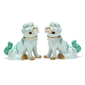 Pair of Herend Green Fishnet Porcelain Foo Dogs