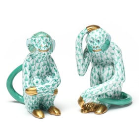 Herend, Pair of Green Fishnet Porcelain Monkeys
