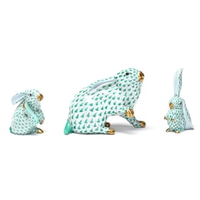Herend, Three Green Fishnet Porcelain Rabbits