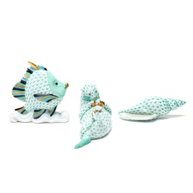 Herend, Three Green Fishnet Porcelain Sea Creatures