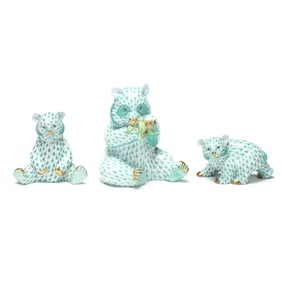 Herend, Three Green Fishnet Porcelain Bears