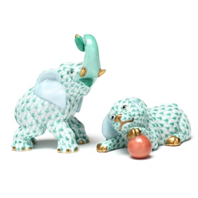 Herend, Two Green Fishnet Porcelain Animals
