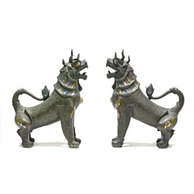 Attributed Karl Springer (German/American, 1931-1991), Pair of Palatial Inlaid Bronze Foo Dogs
