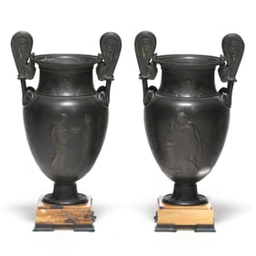 Pair of Grand Tour Bronze and Marble Volute Krater Vases