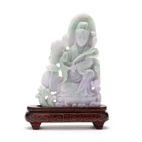 A Lavender Celadon Hardstone Carving of Guanyin with Stand