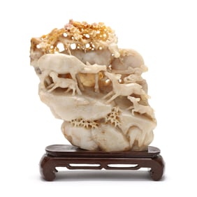 A Chinese Hardstone Carving of a Deer Family on Stand