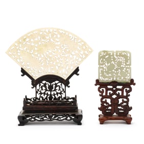 Two Chinese Hard Stone Carvings in Wood Table Stands