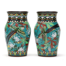 A Pair of Asian Cloisonne Vases with Chrysanthemums and Pheasants
