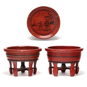 Two Chinese Red Painted Wood Baby Baths and Circular Tray