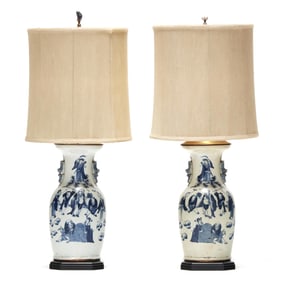 A Pair of Tall Chinese Blue and White Vase Lamps