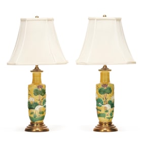 A Pair of Chinese Sancai Glazed Egret Table Lamps