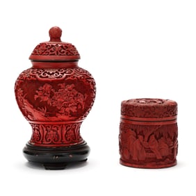 Two Chinese Carved Red Cinnabar Lacquer Jars with Covers