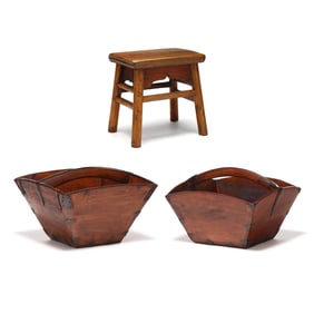 Two Asian Square Wooden Baskets and Foot Stool