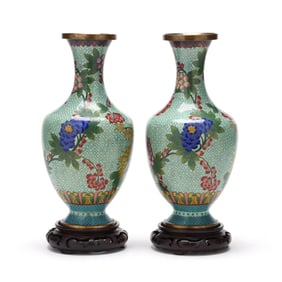 A Pair of Mint Green Cloisonne Vases with Stands