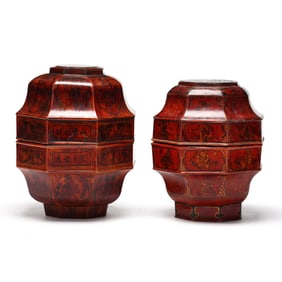 Two Chinese Red Lacquer Octagonal Boxes