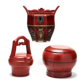 Three Asian Red Painted Wood Storage Vessels