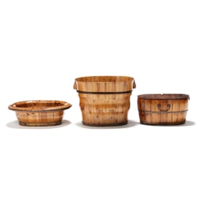Two Asian Wood Washing Basins and an Oval Box
